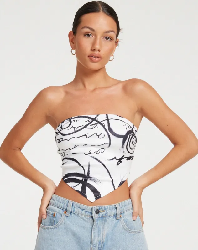 Irvana Bandeau Top in Mono Doodle Black and White made by Motel Rocks