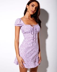 Galaca Mini Dress in Ditsy Rose Lilac sold by Motel Rocks