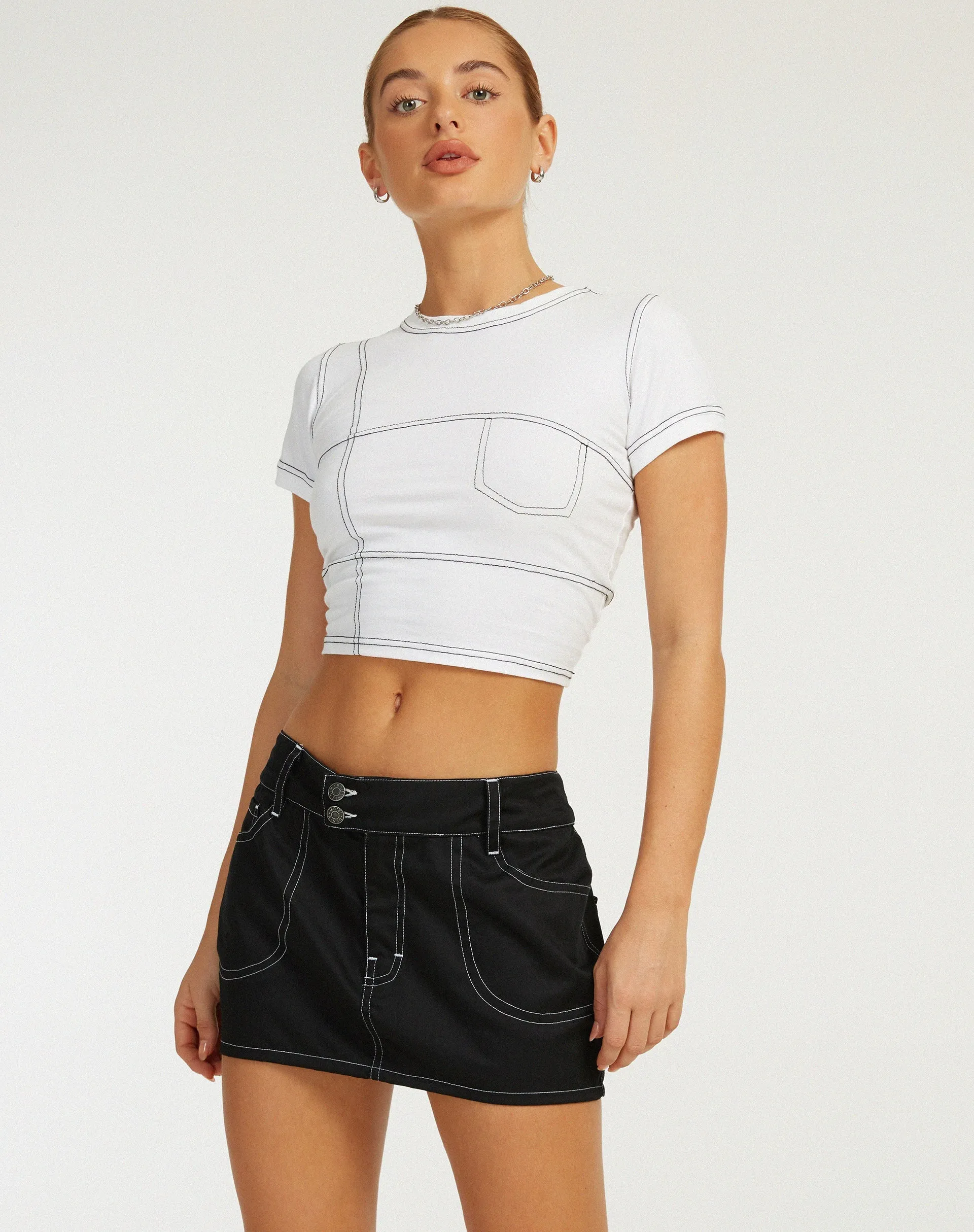 Dipta Mini Skirt in Black with White Stitch sold by Motel Rocks product image thumbnail 4