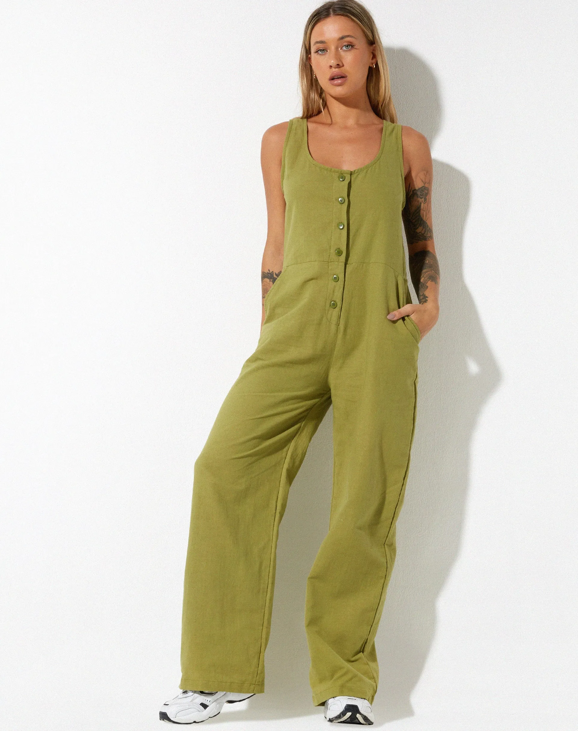 Beatrix Jumpsuit in Linen Rami Green sold by Motel Rocks product image thumbnail 3