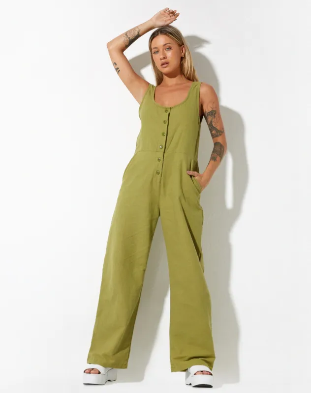 Beatrix Jumpsuit in Linen Rami Green sold by Motel Rocks