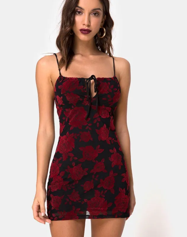 Kumin Bodycon Dress in Romantic Red Rose Flock sold by Motel Rocks