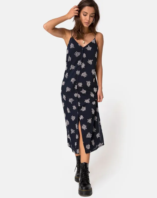 Sini Slip Midi Dress in Rose Flock Black Mesh sold by Motel Rocks