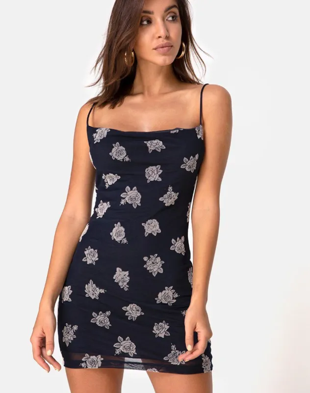 Becky Dress in Black Flock Rose sold by Motel Rocks
