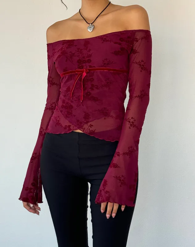 Kareena Top in Botanical Flower Maroon sold by Motel Rocks