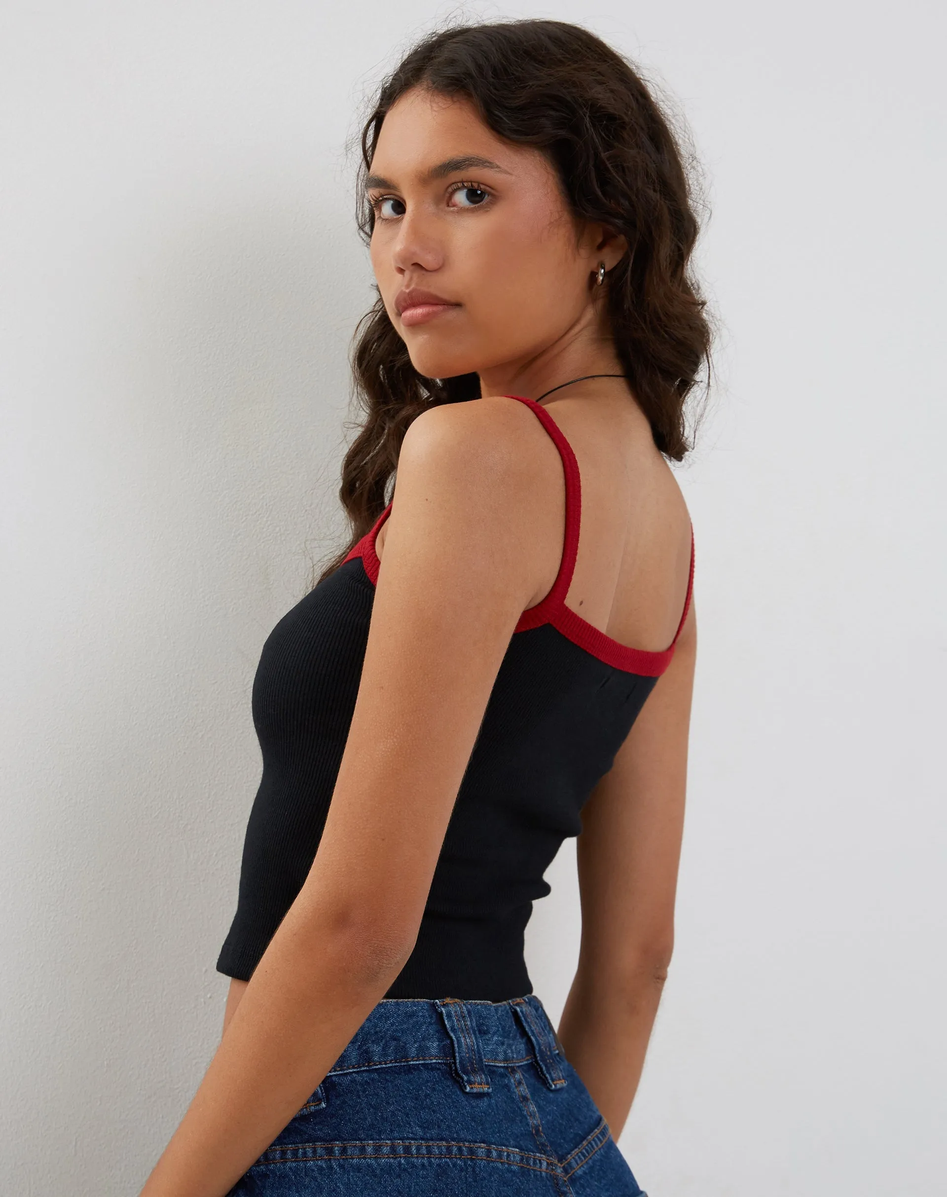Icah Ribbed Vest Top in Black with Red Binding sold by Motel Rocks product image thumbnail 2