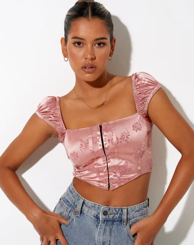Silicia Corset Top in Rose Flock Pale Pink sold by Motel Rocks