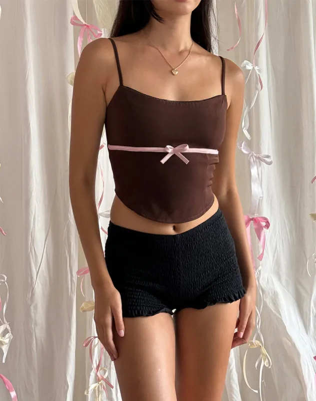 Ceisya Corset Top in Bitter Chocolate with Pink Bow sold by Motel Rocks