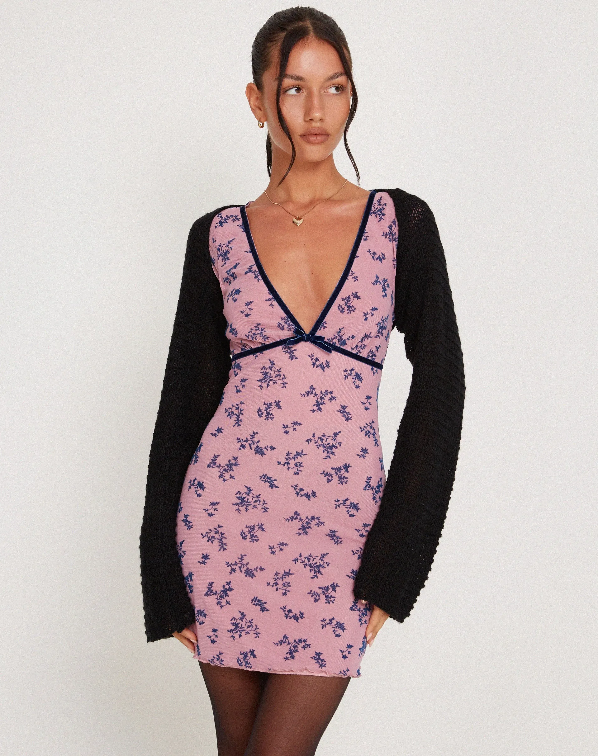 Evilia Mesh Mini Dress in Pink and Navy Botanist Flocking sold by Motel Rocks product image thumbnail 3