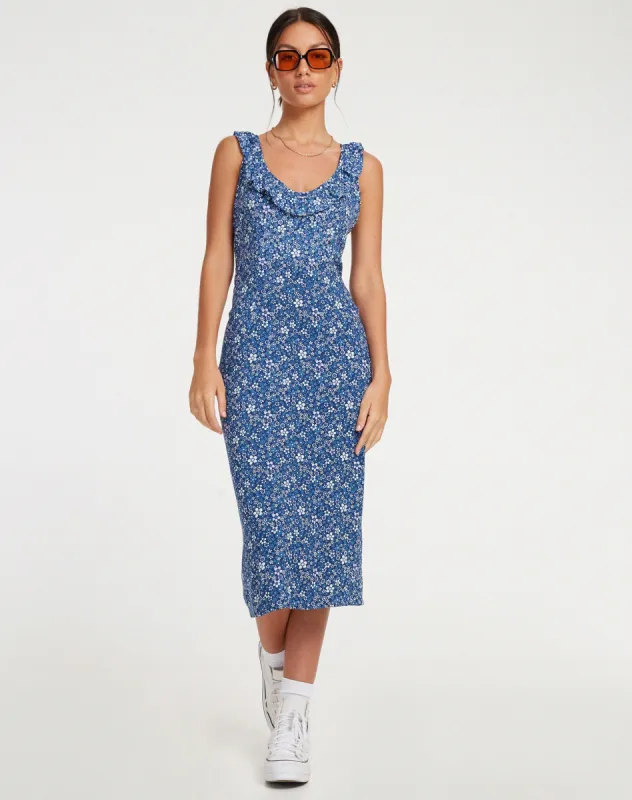 Elleta Midi Dress in Retro Floral Blue sold by Motel Rocks