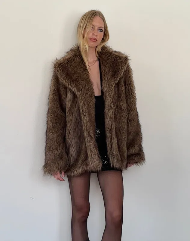 Lupita Jacket in Faux Long Fur Brown sold by Motel Rocks