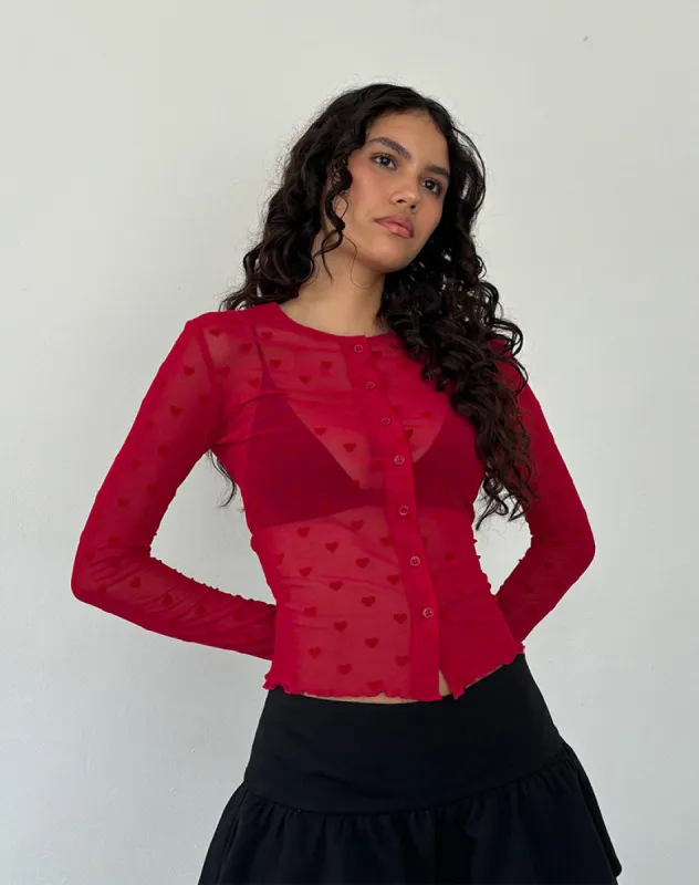 Kahula Shirt in Red Heart Flocked Mesh sold by Motel Rocks