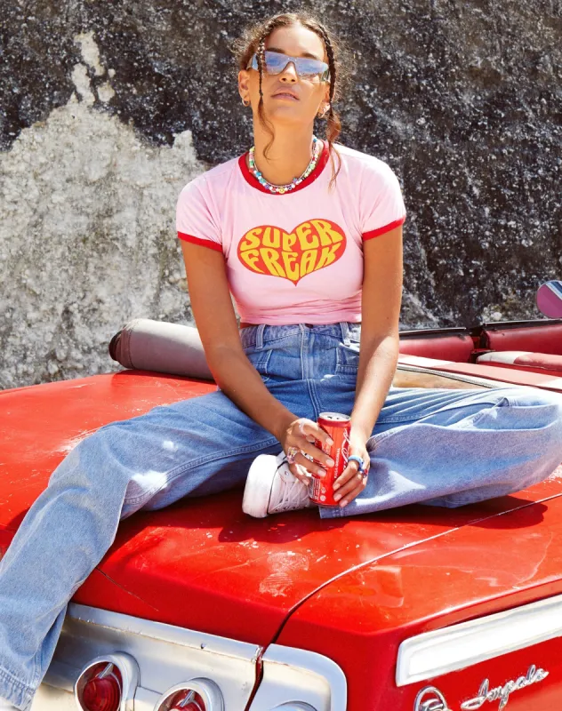 Ringer Tee in Peony Bind Racing Red Super Freak sold by Motel Rocks