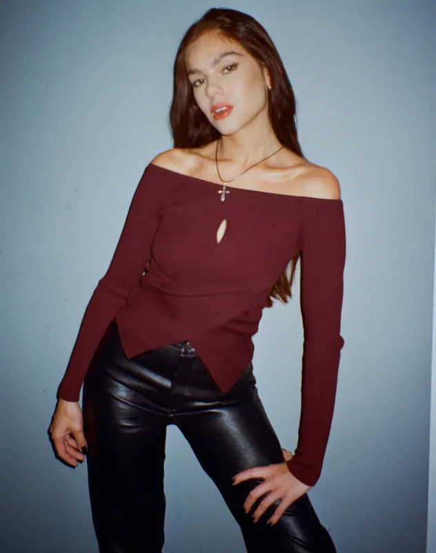 Amandari Bardot Long Sleeve Top in Marron sold by Motel Rocks