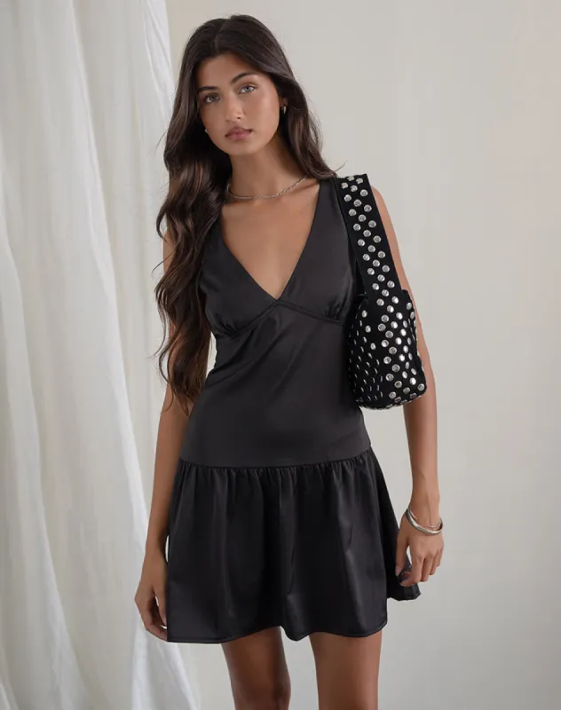 Distia Plunge Puff Mini Dress in Black sold by Motel Rocks