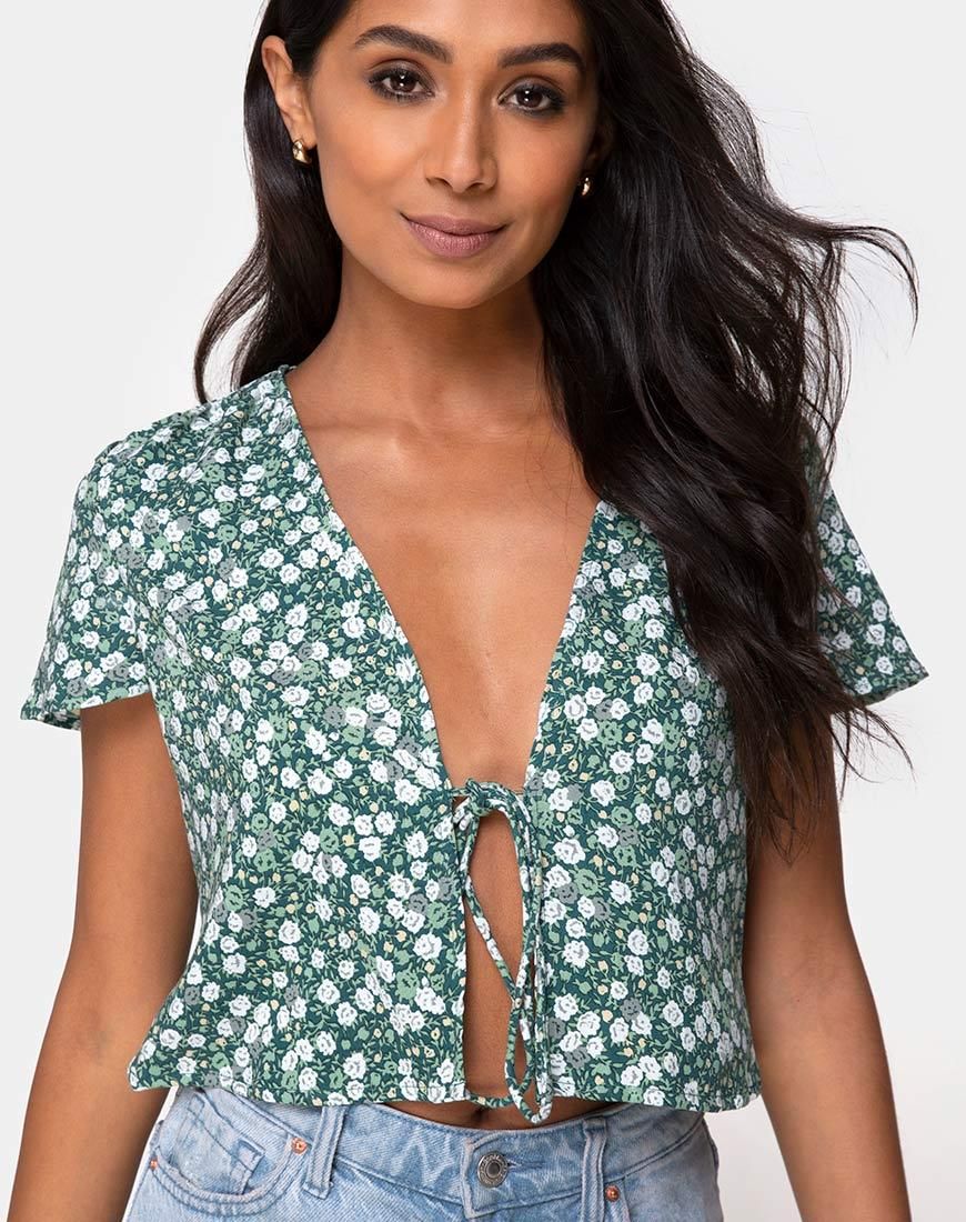 Vaco Blouse in Floral Field Green sold by Motel Rocks