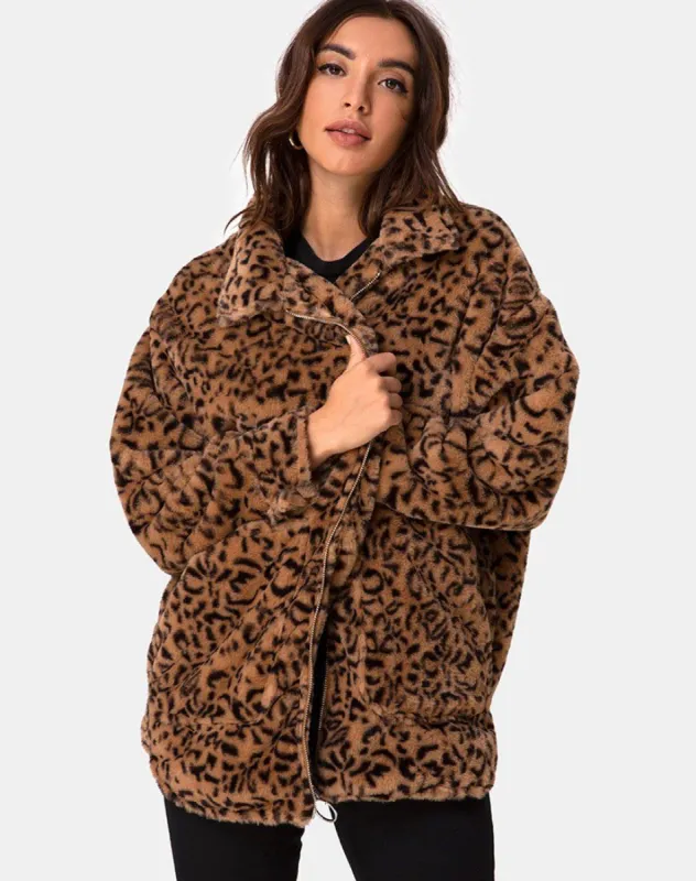 Teddy Bear Fur Coat in Brown Leopard sold by Motel Rocks