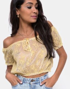 Eva Crop Top in Pastel Lace Lemon sold by Motel Rocks