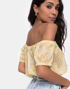 Eva Crop Top in Pastel Lace Lemon sold by Motel Rocks