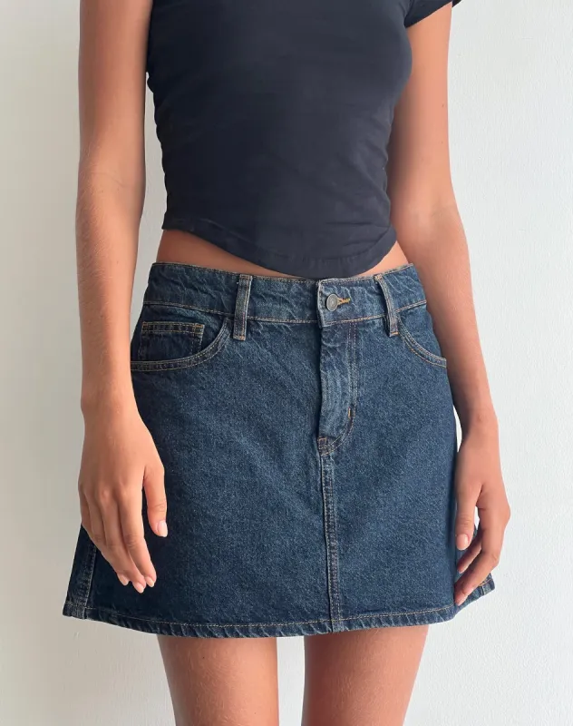 Mini A-Line Skirt in Denim Indigo sold by Motel Rocks