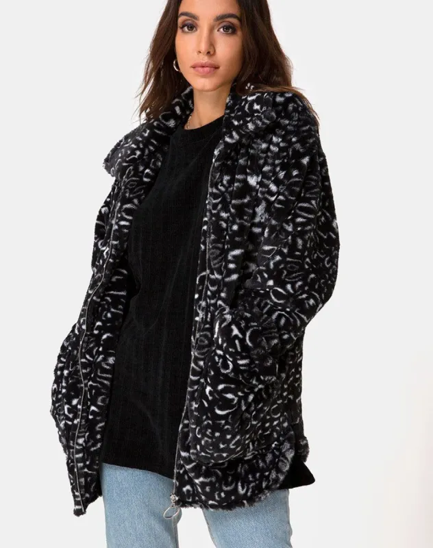 Teddy Bear Fur Coat in Black Leopard sold by Motel Rocks