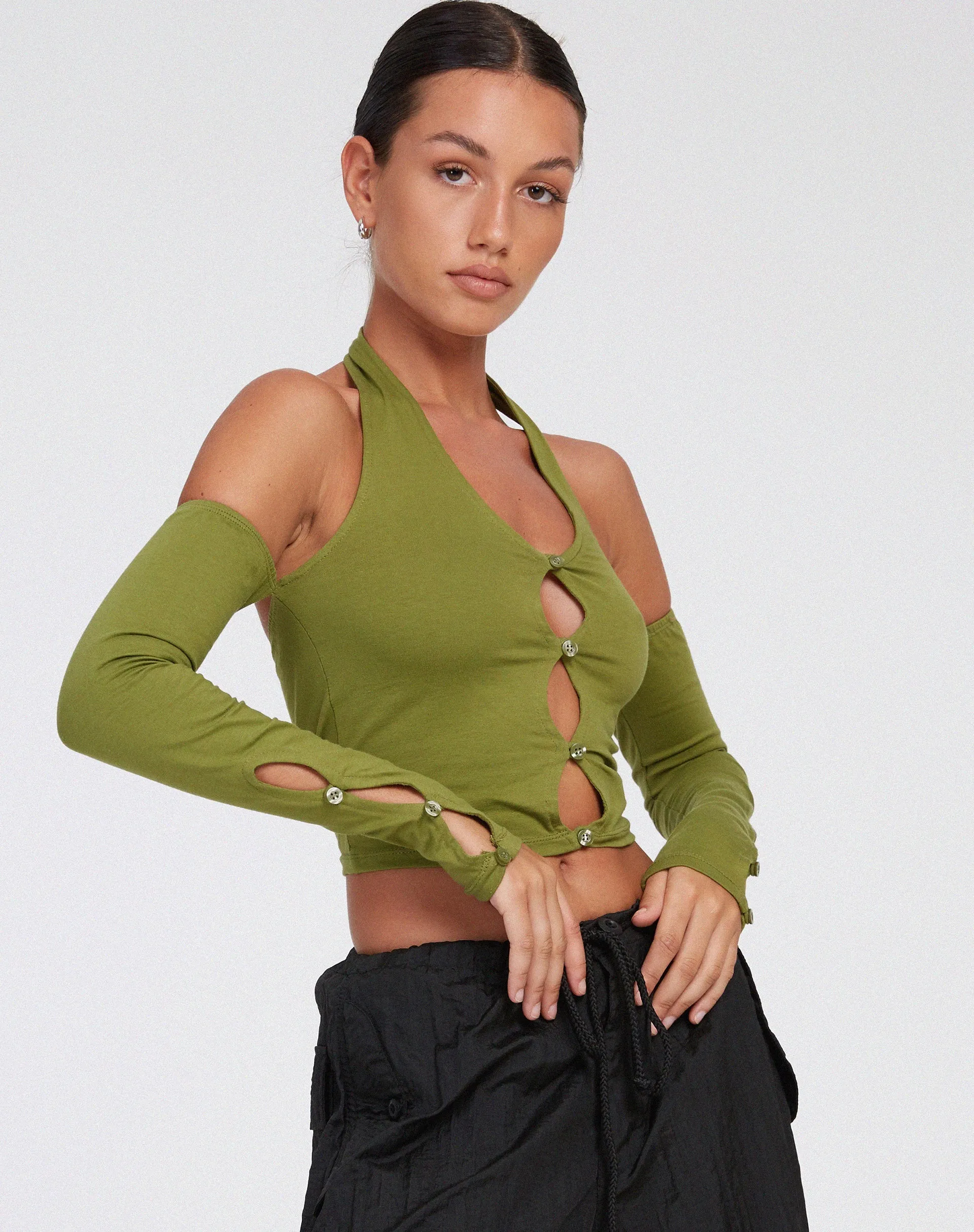Jayne Crop Top in Khaki sold by Motel Rocks