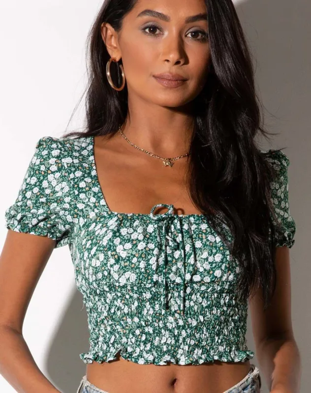 Raquel Top in Floral Field Green sold by Motel Rocks