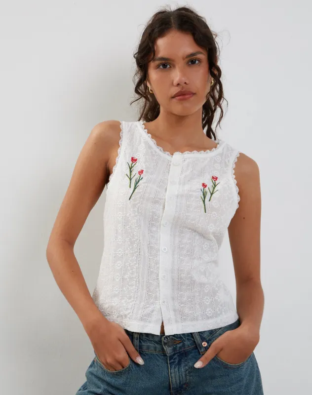 Vezia Broderie Sleeveless Top in White with Rose Embroidery sold by Motel Rocks