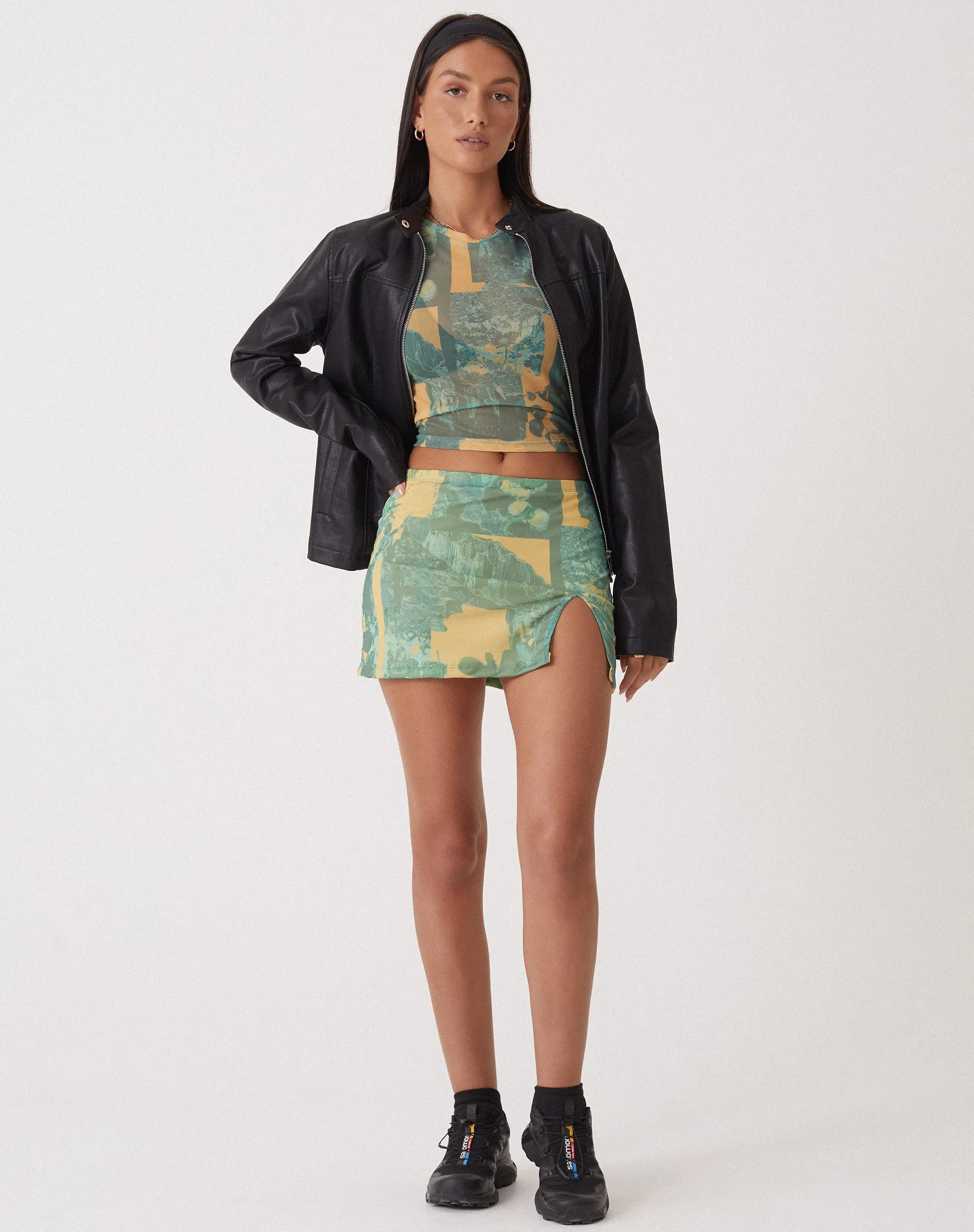 MOTEL X OLIVIA NEILL Pelma Mini Skirt in Collage Floral Shadow Green sold by Motel Rocks product image thumbnail 3