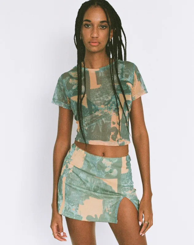 MOTEL X OLIVIA NEILL Pelma Mini Skirt in Collage Floral Shadow Green sold by Motel Rocks
