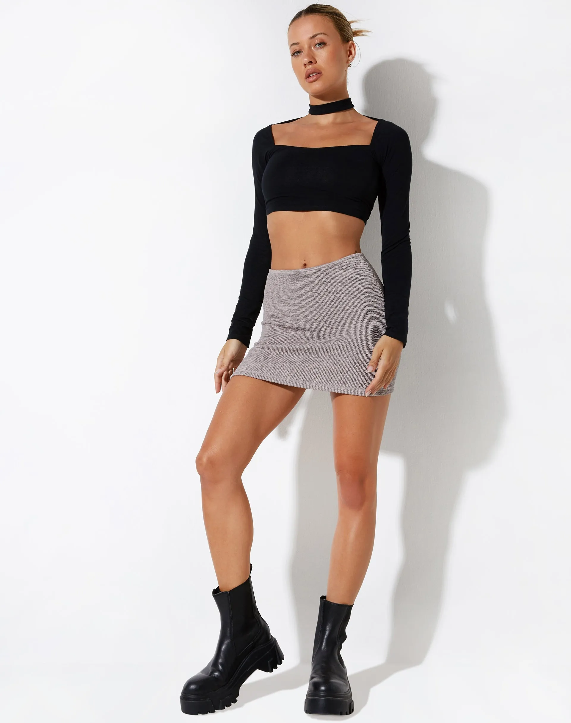 Guida Mini Skirt in Jaquard Rib Tan sold by Motel Rocks product image thumbnail 4