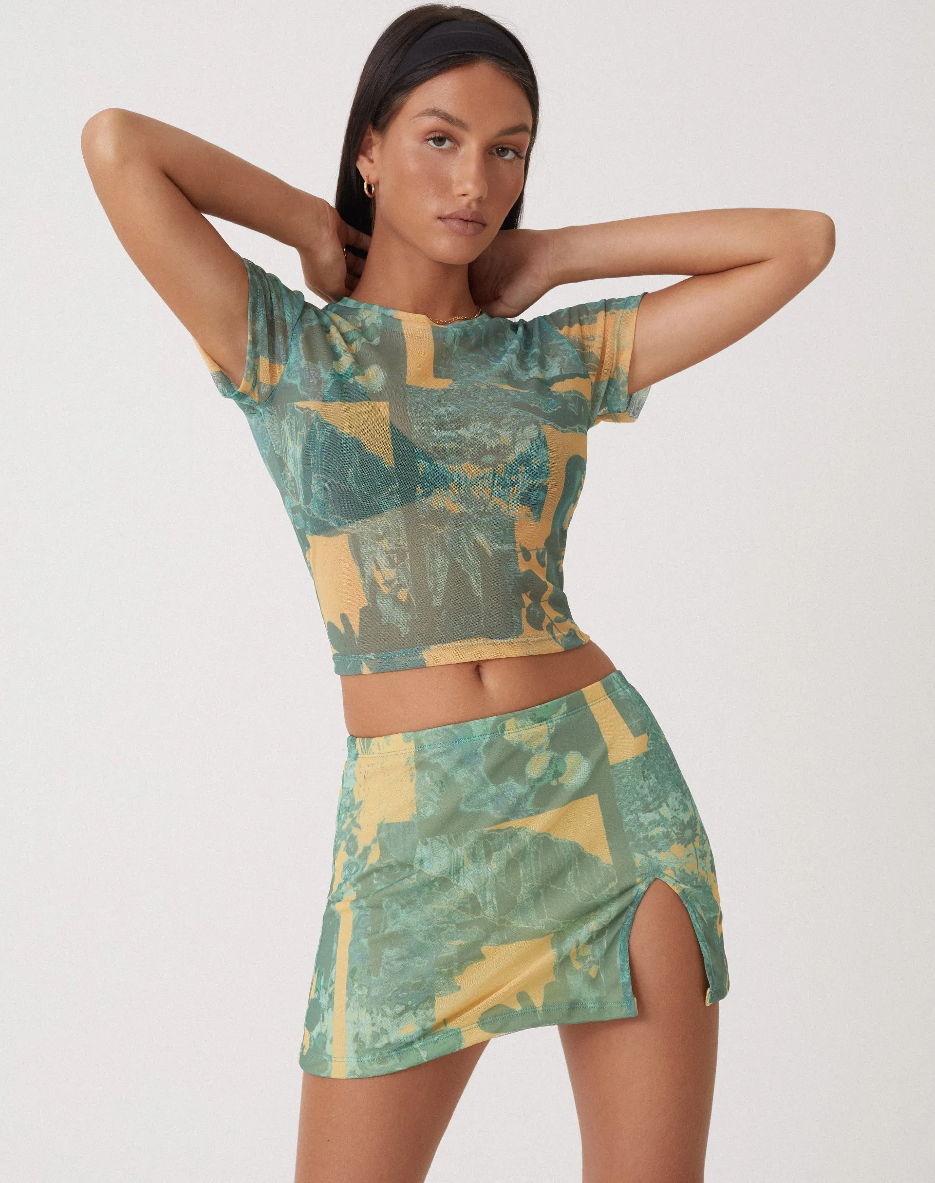 MOTEL X OLIVIA NEILL Pelma Mini Skirt in Collage Floral Shadow Green sold by Motel Rocks product image thumbnail 4