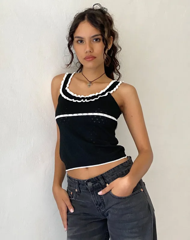 Darcie Pointelle Top in Black with White Tipping sold by Motel Rocks