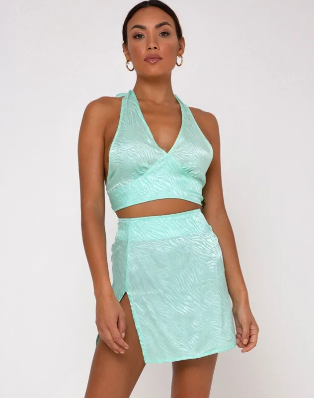 Shenka Mini Skirt in Zebra Aquamarine sold by Motel Rocks