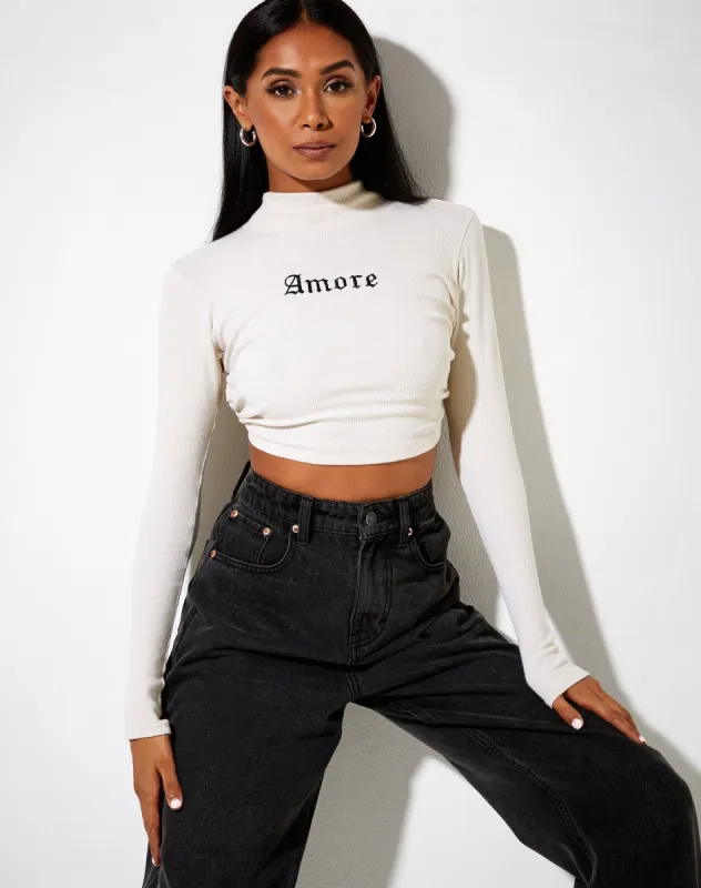 Quelia Crop Top in Rib Winter White 'Amore' Embro sold by Motel Rocks