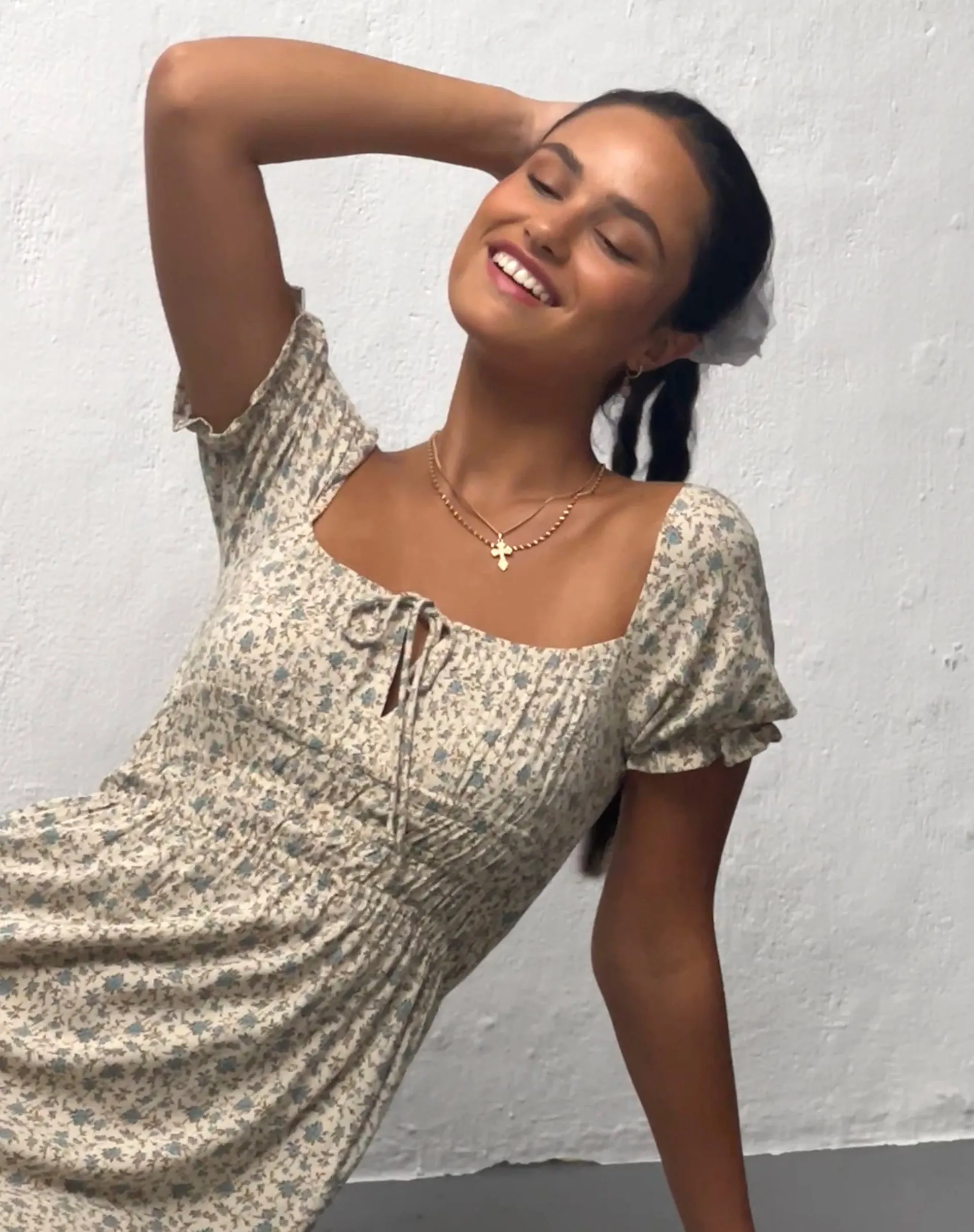 Rosmilly Mini Dress in Antique Blue Floral Ivory sold by Motel Rocks product image thumbnail 3