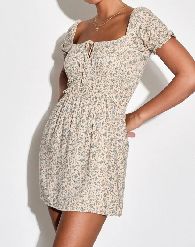 Rosmilly Mini Dress in Antique Blue Floral Ivory sold by Motel Rocks