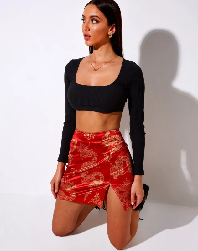 Wren Mini Skirt in Dragon Flower Red and Gold sold by Motel Rocks