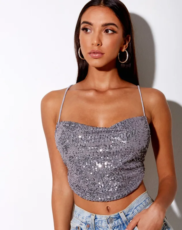 Laxmi Crop Top in Drape Sequin Silver sold by Motel Rocks