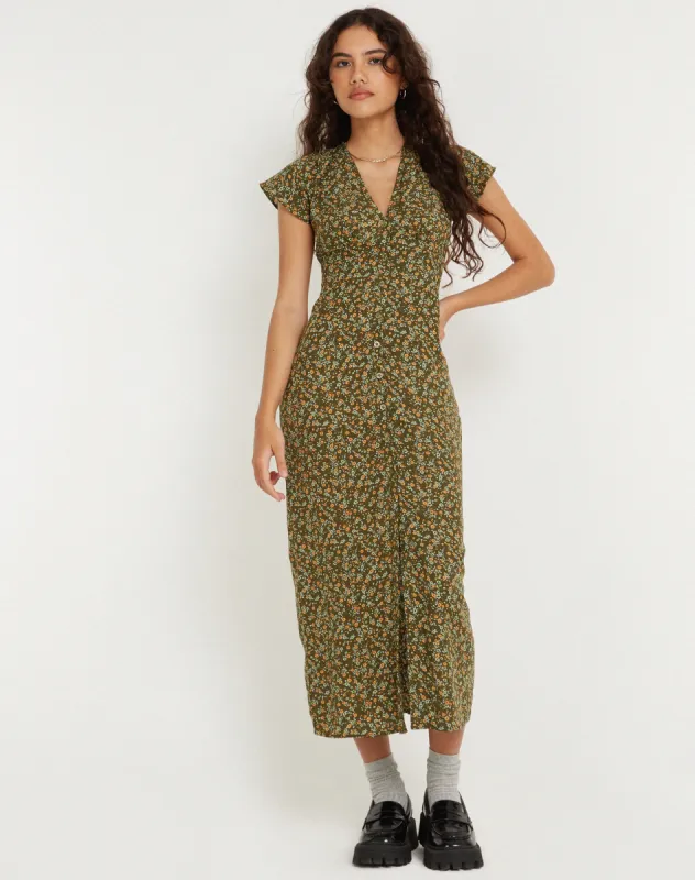 Larin Midi Dress in Grungey Floral Khaki sold by Motel Rocks
