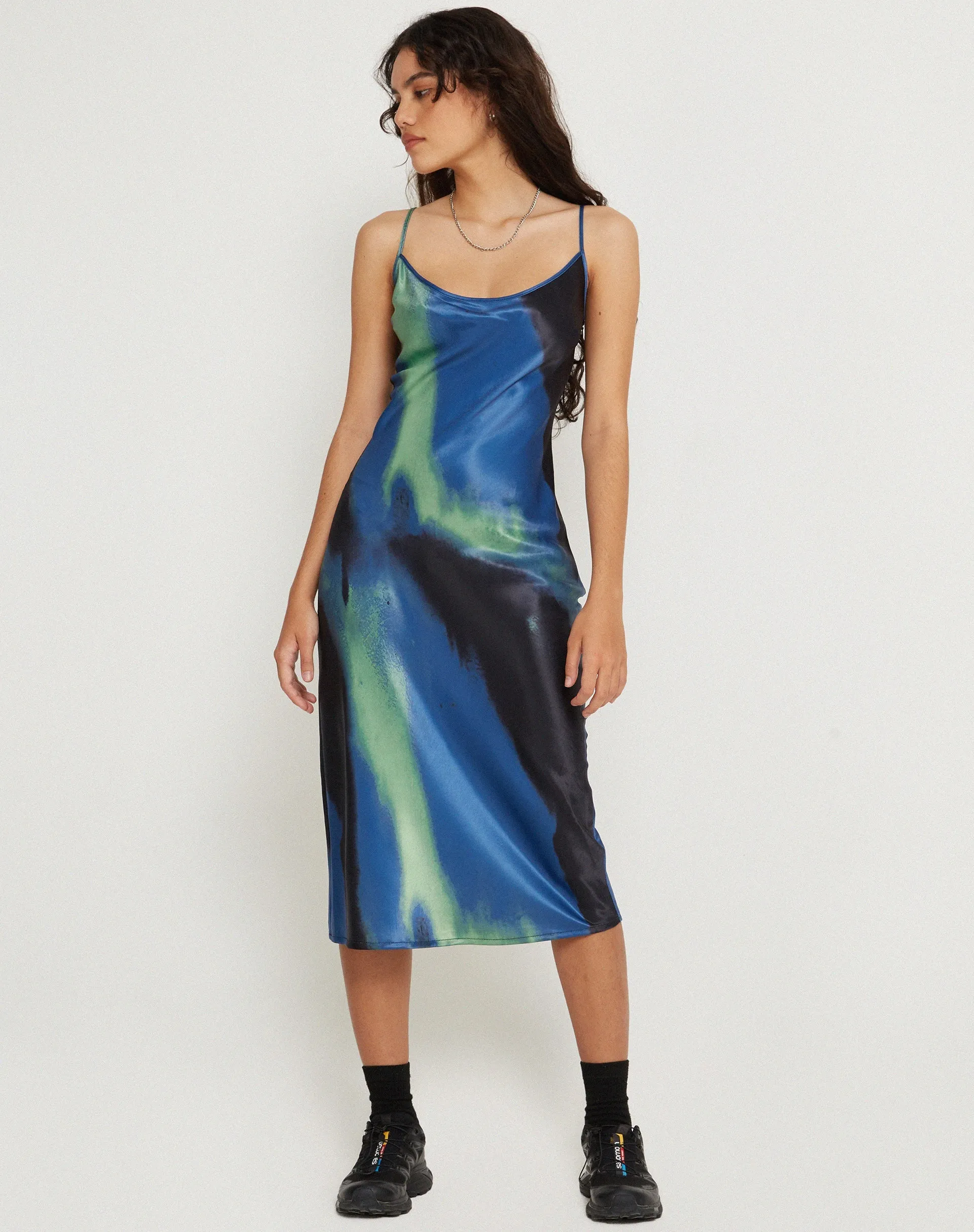 Juvina Midi Dress in Satin Watercolour Navy sold by Motel Rocks