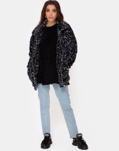 Teddy Bear Fur Coat in Black Leopard sold by Motel Rocks