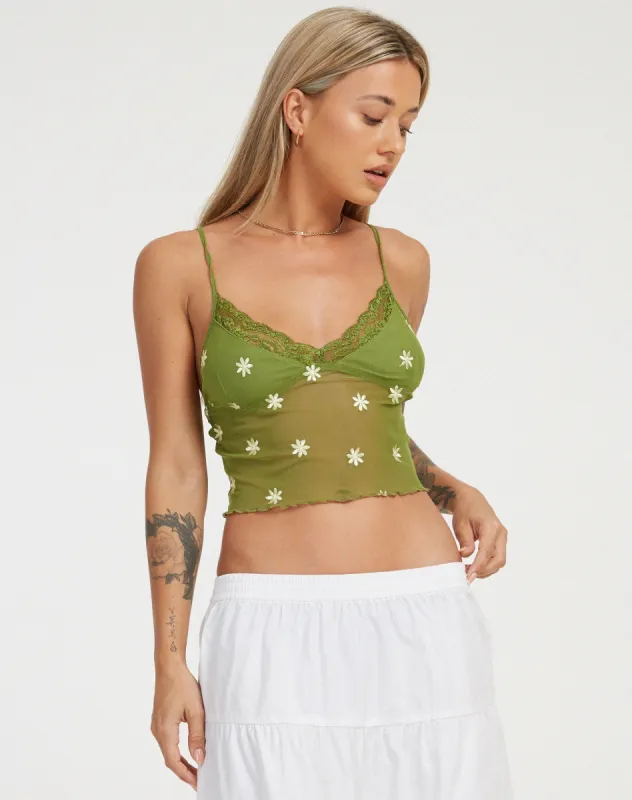 Yenika Cami Top in Moss Green Custard Daisy Embro sold by Motel Rocks
