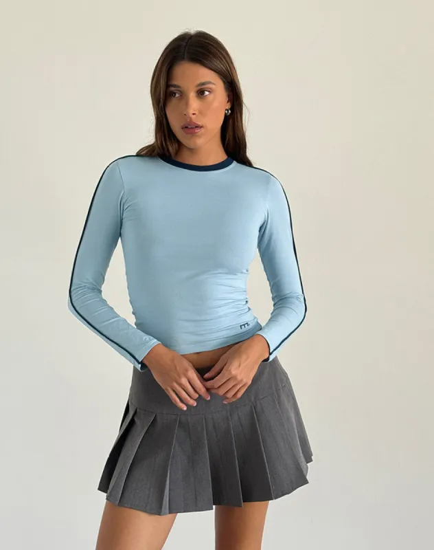 Bonija Long Sleeve Top in Nantucket Blue with Navy Piping and M Embroidery sold by Motel Rocks