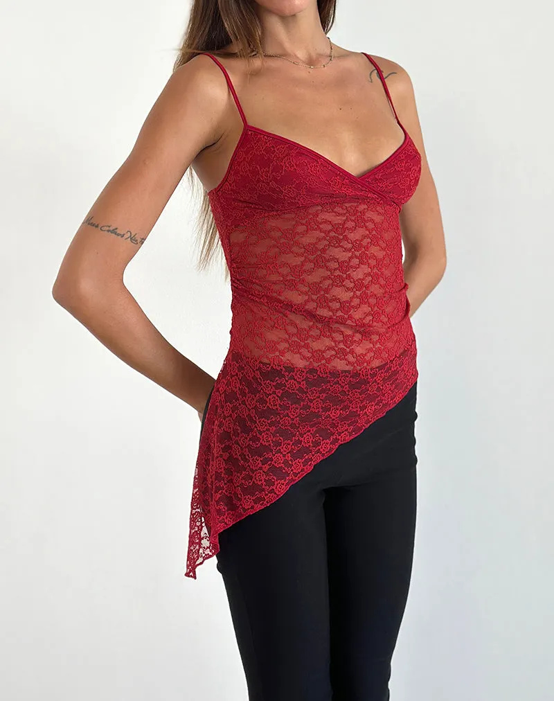 Kacha Asymmetric Cami Top in Red Mari Lace sold by Motel Rocks