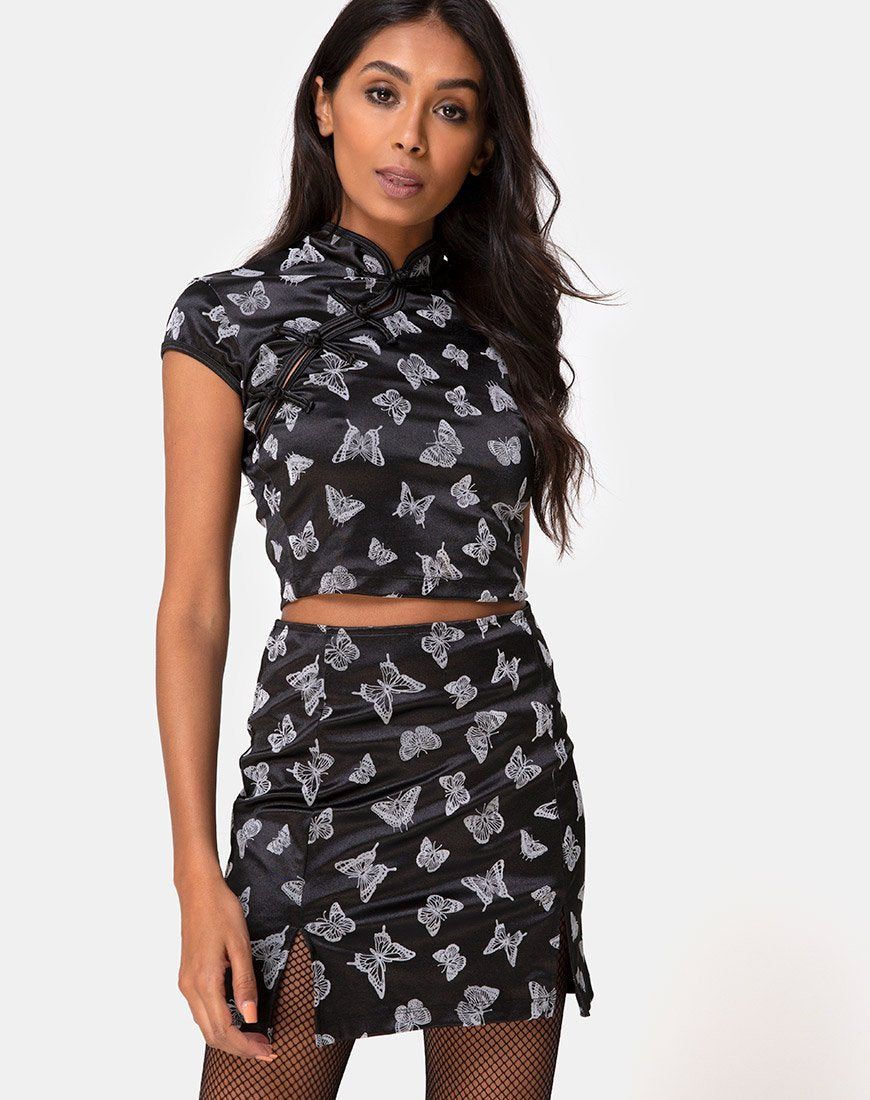 Zaid Mini Skirt in Black Butterfly Flock sold by Motel Rocks