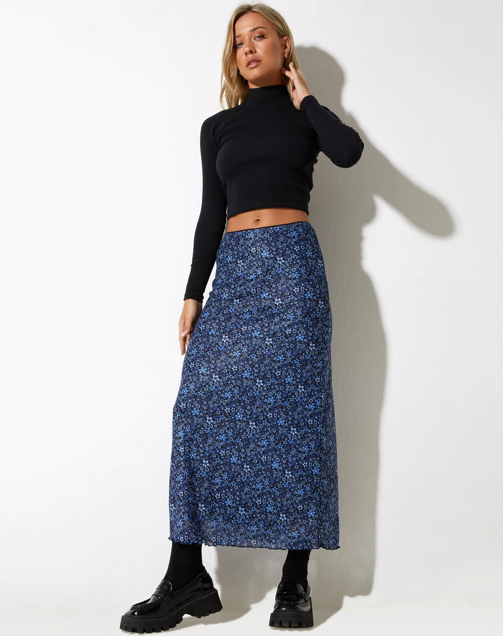 Rindu Midi Skirt in Flower Garden Blue sold by Motel Rocks