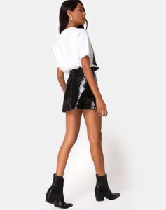 Wren Mini Skirt in PU Croco Black sold by Motel Rocks