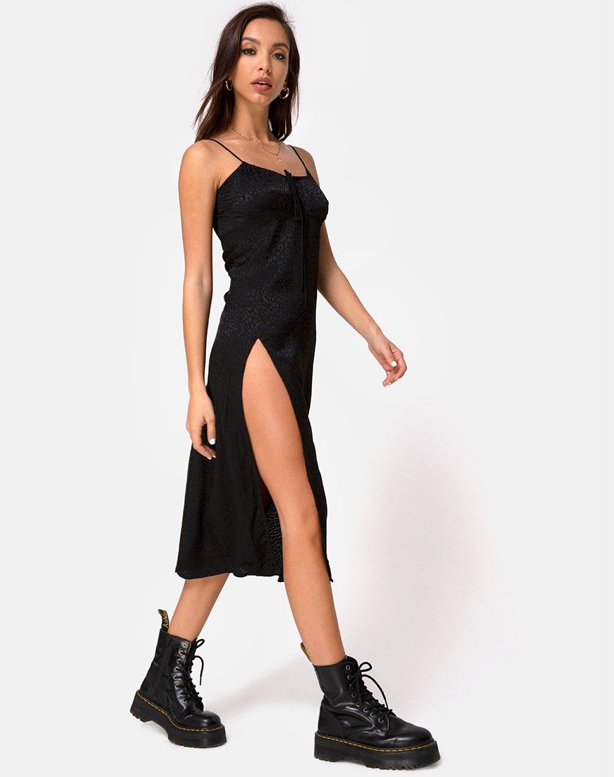Cypress Midi Dress in Satin Cheetah Black sold by Motel Rocks