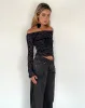 Kareena Long Sleeve Bardot Top in Pretty Petal Flock Navy sold by Motel Rocks